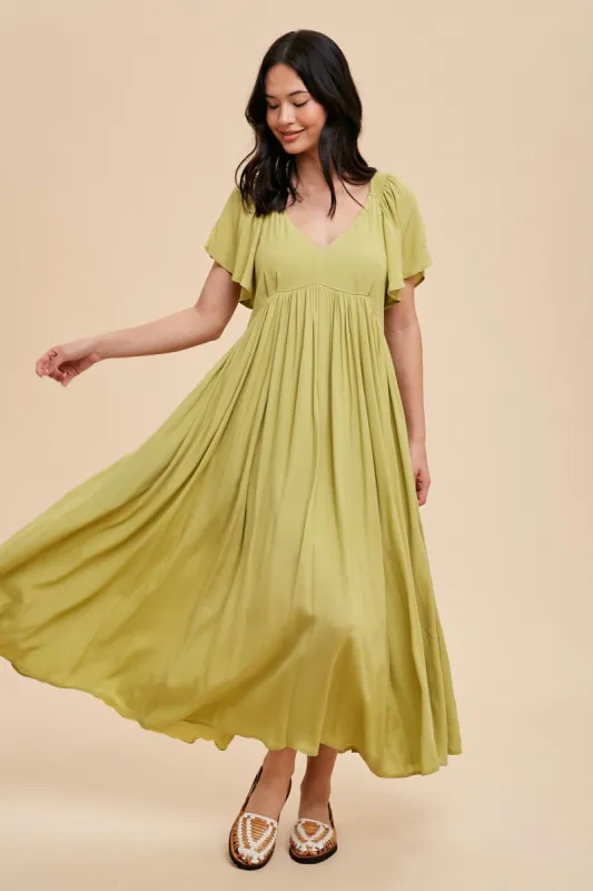 Light Olive V-Neck Flutter Short Sleeve Midi Dress sold by Pinkblush