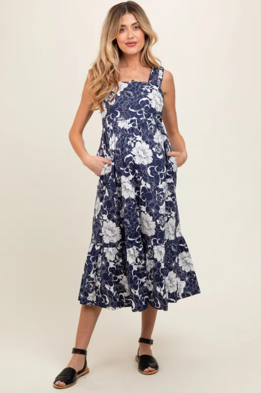 Navy Floral Tiered Sleeveless Maternity Midi Dress sold by Pinkblush