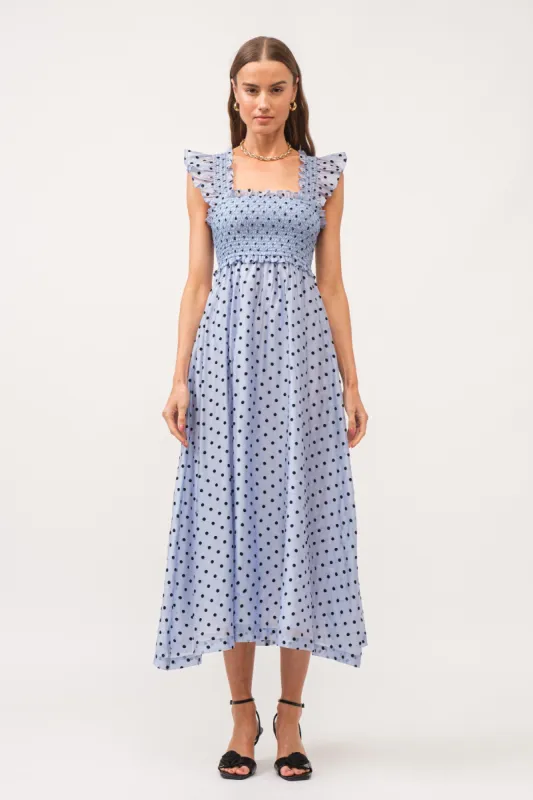 Blue Polka Dot Smocked Midi Dress sold by Pinkblush