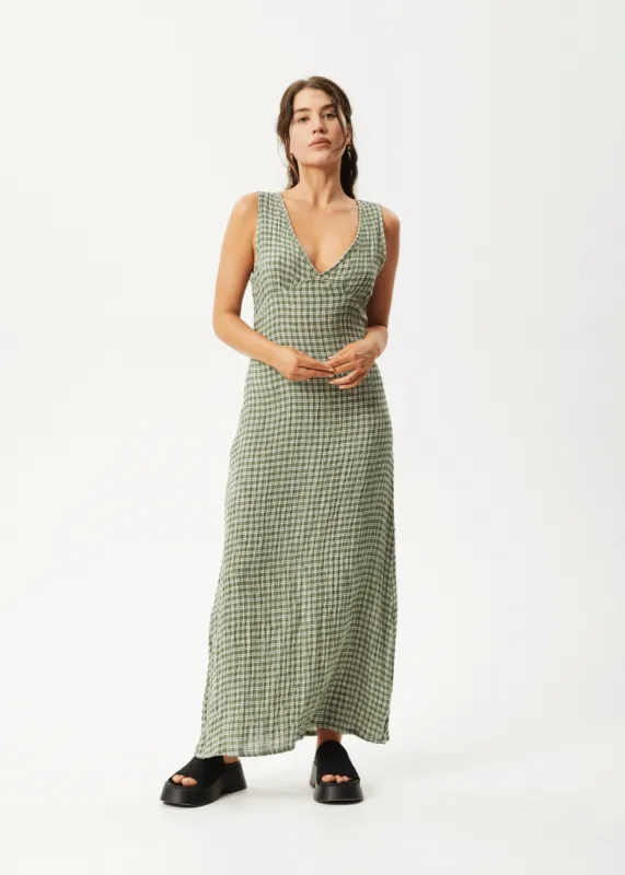 AFENDS Womens Base - Seersucker Maxi Dress - Deep Green Check sold by Afends