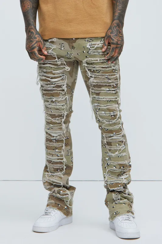 Got Me Destroyed Stacked Skinny Flare Pants - Camouflage sold by Fashion Nova