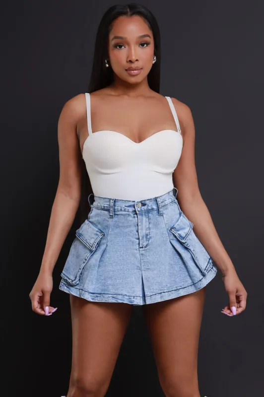 Say Sorry High Rise Cargo Denim Skort - Light Wash sold by Swankaposh
