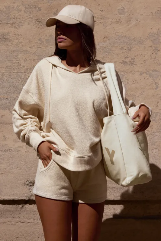 Terry Towelling V-Neck Hoodie in Cream sold by Oh Polly