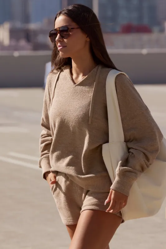 Terry Towelling V-Neck Hoodie in Mocha Brown sold by Oh Polly