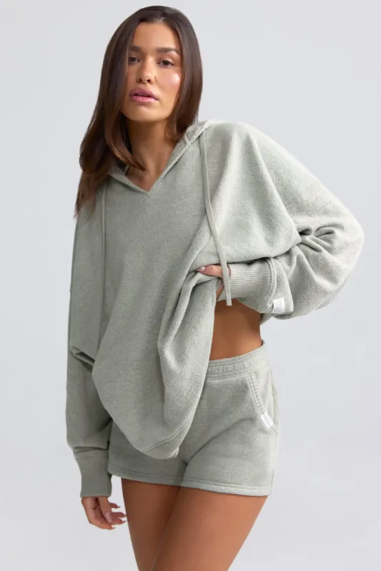 Terry Towelling V-Neck Hoodie in Sage Grey sold by Oh Polly