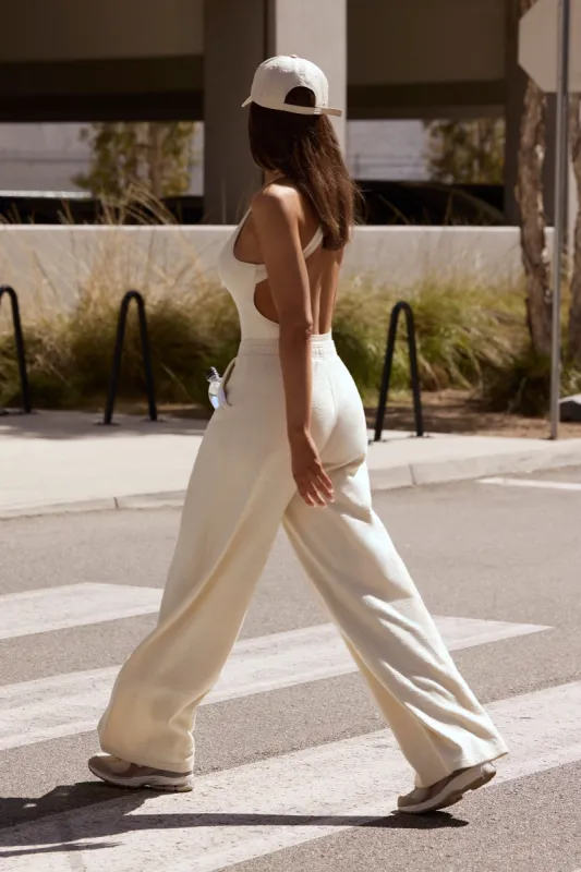 Terry Towelling Wide-Leg Joggers in Cream sold by Oh Polly