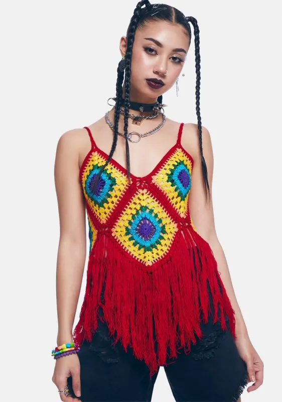 Mulberry Fields Of Sunlight Crochet Fringe Top sold by Dolls Kill