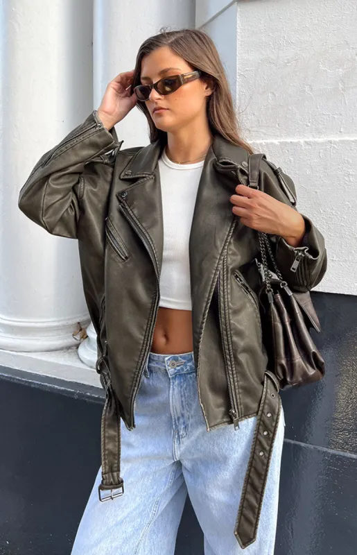 Lioness Ace Charcoal PU Biker Jacket sold by Beginning Boutique