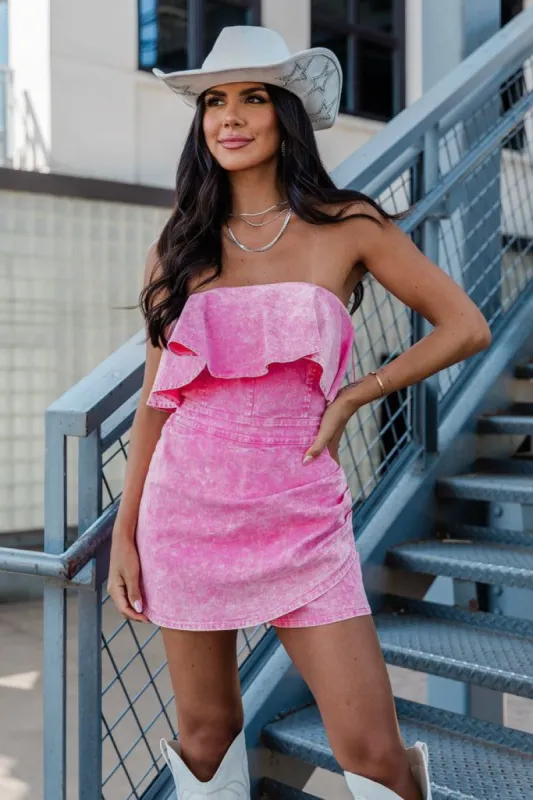 Dusk To Denim Pink Strapless Denim Romper sold by Pink Lily