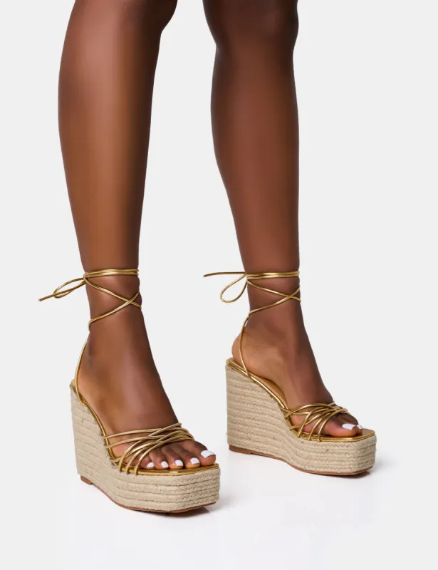 Heated Gold Strappy Lace Up Jute Wedges sold by Public Desire