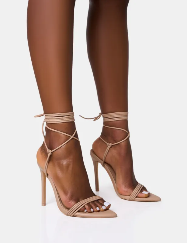 Merlot Nude Lace Up Wrap Around Pointed Toe Stiletto Heels sold by Public Desire