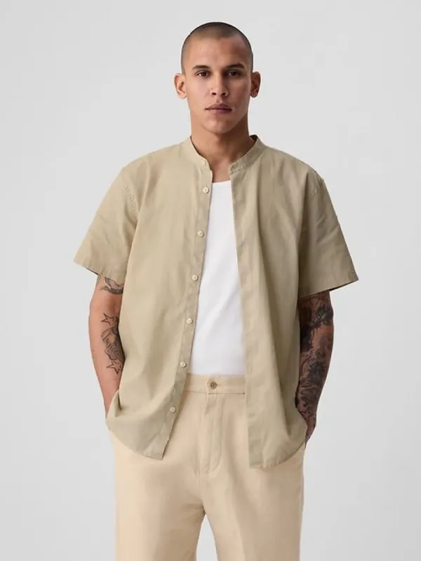 Linen-Cotton Collarless Shirt sold by GAP