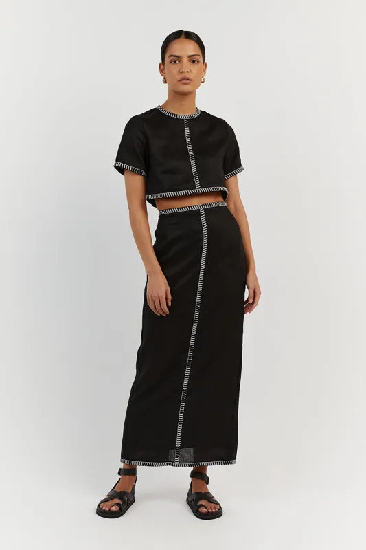 BELLA BLACK LINEN MIDI SKIRT sold by Dissh