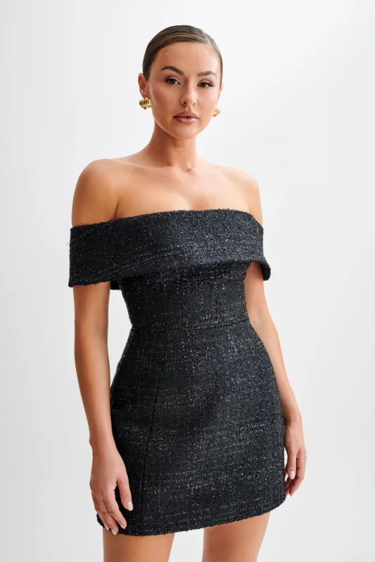 Helena Tweed Off Shoulder Mini Dress - Black sold by Meshki