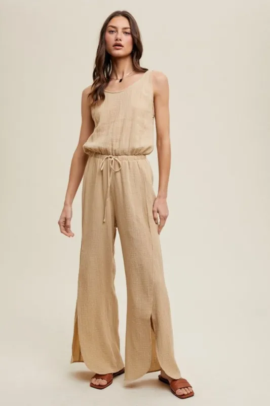Natural Slit Gauze Jumpsuit With Drawstring sold by Pinkblush
