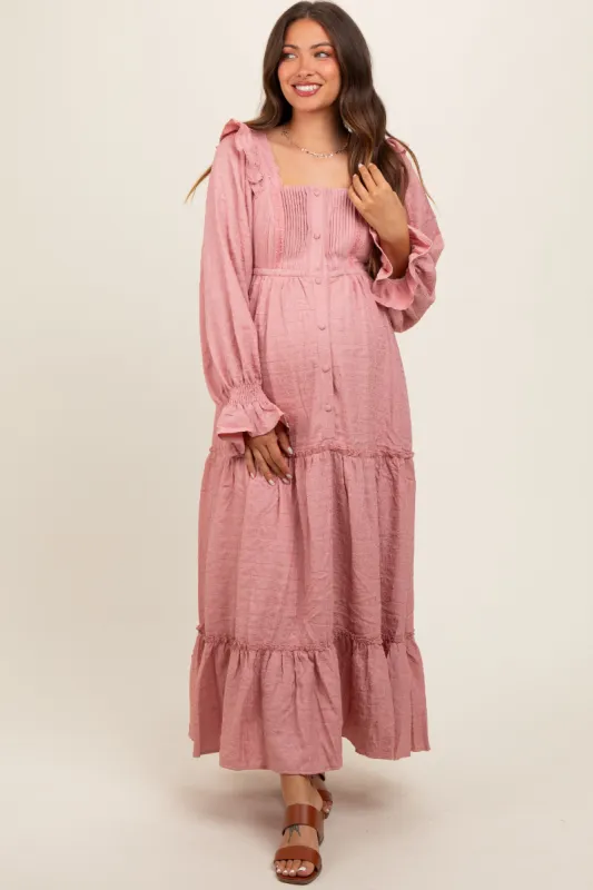 Mauve Button Pleated Front Square Neck Ruffle Tiered Maternity Maxi Dress sold by Pinkblush