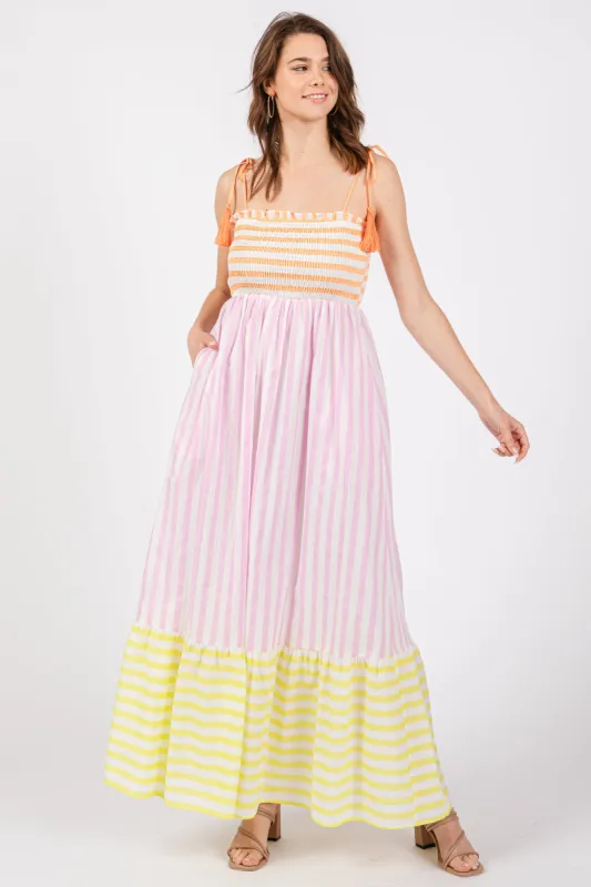 Multi-Color Striped Color Block Shoulder Tie Maxi Dress sold by Pinkblush