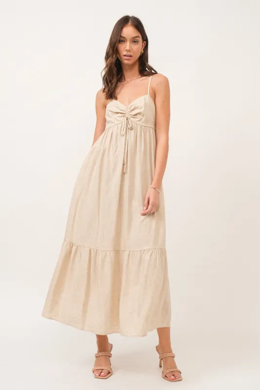 Beige Linen Front Cinch Midi Dress sold by Pinkblush