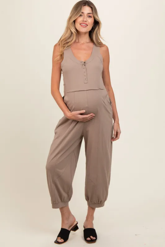 Taupe Loose Fit Sleeveless Maternity Jumpsuit sold by Pinkblush