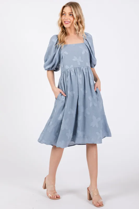 Blue Textured Floral Square Neck Puff Sleeve Dress sold by Pinkblush