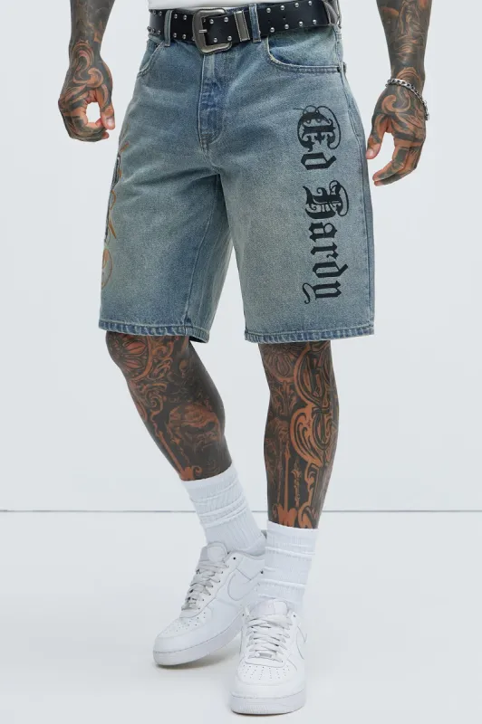 Ed Hardy Crouching Panther Denim Shorts - Light Wash sold by Fashion Nova