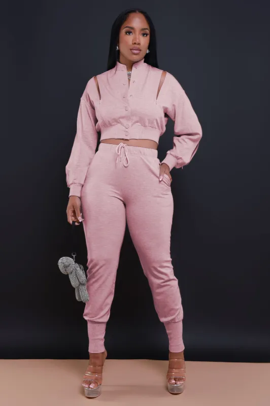 Top Priority Zippered Cropped Jogger Set - Salmon Pink sold by Swankaposh