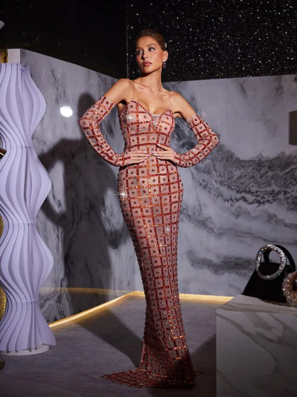 Kieran Rhinestone Mesh Maxi Dress sold by Mew Mews