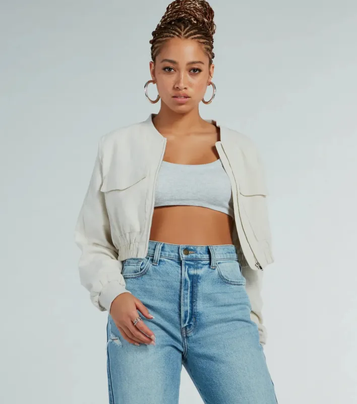 Everyday Cute Crop Linen Bomber Jacket sold by Windsor