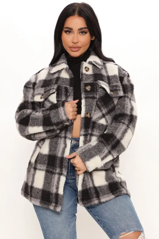 Timber Sherpa Shacket - Black/White sold by Fashion Nova
