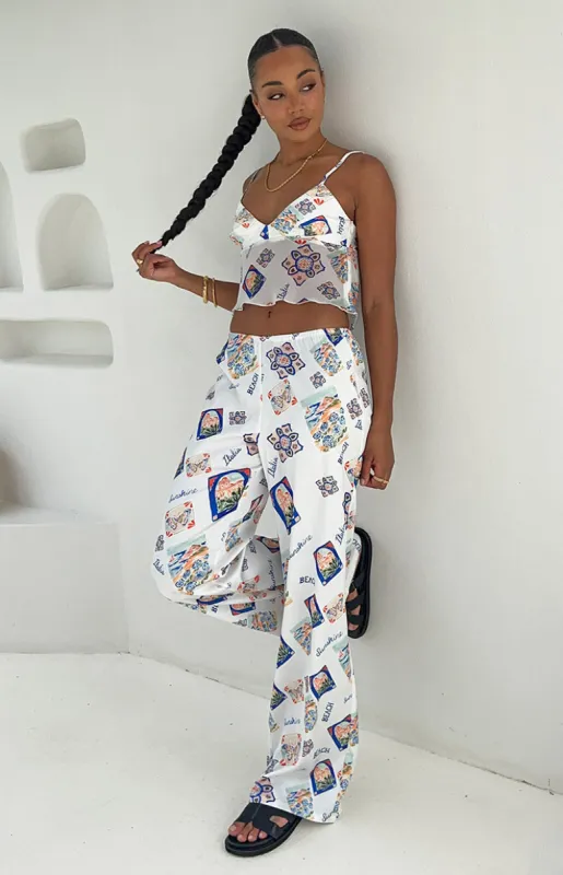 Bridget White Satin Italia Print Pants sold by Beginning Boutique