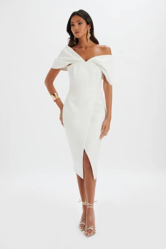 HARLEEN Draped Bardot Bonded Satin Midi Dress In White sold by Lavish Alice