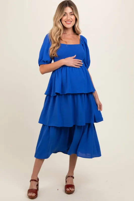 Royal Blue Smocked Body Ruffled Tiered Maternity Dress sold by Pinkblush