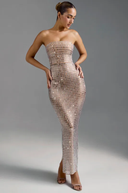 Embellished Bandeau Maxi Dress in Almond sold by Oh Polly