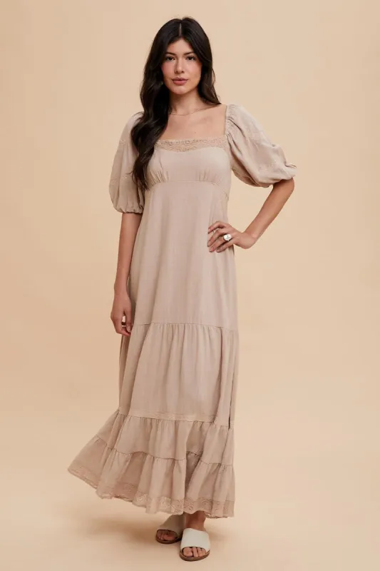 Beige Lace Insert Maxi Dress sold by Pinkblush