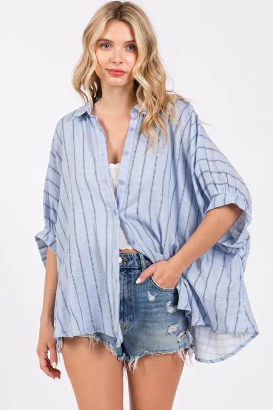 Light Blue Striped Collared Oversized Top sold by Pinkblush