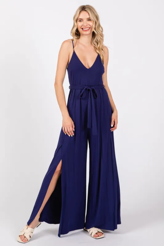 Navy Blue Sleeveless V-Neck Split Hem Jumpsuit sold by Pinkblush