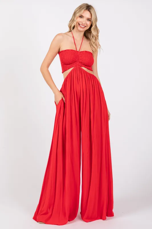 Red Smocked Drawstring Halter Side Cutout Jumpsuit sold by Pinkblush