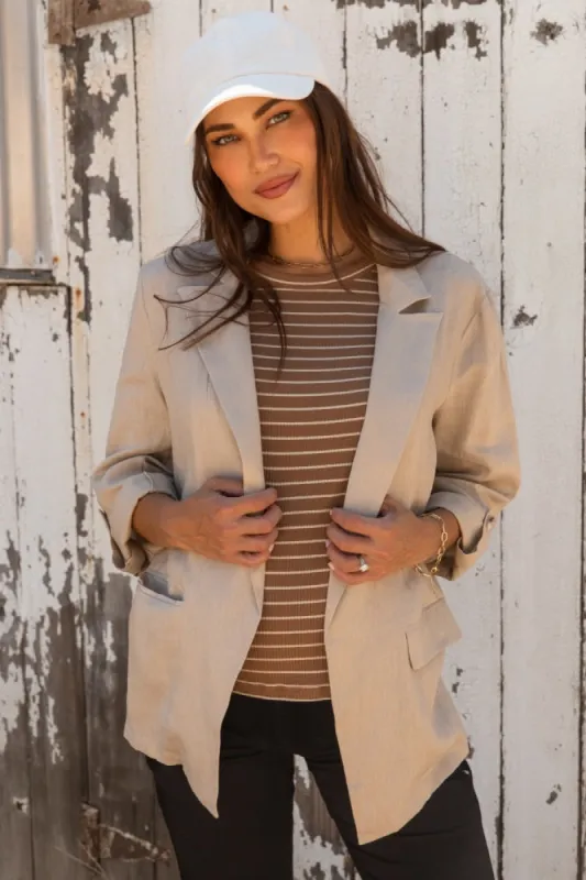 Beige Linen Rolled Cuff Maternity Blazer sold by Pinkblush