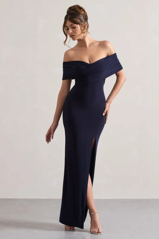 Refined | Navy Twist Front Bardot Maxi Dress sold by Club L London