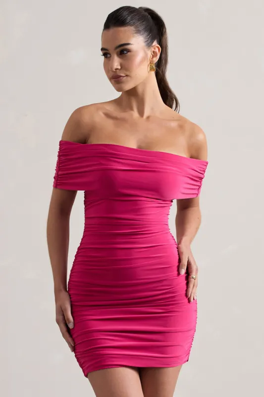 Zeta | Dark Pink Bodycon Bardot Mini Dress sold by Club L London