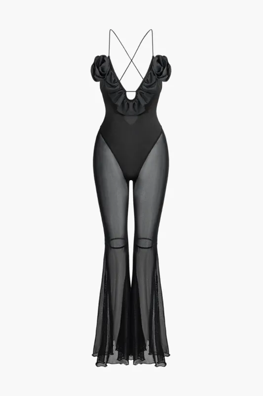 Mesh splicing V-neck Flared Leg Jumpsuit sold by Micas