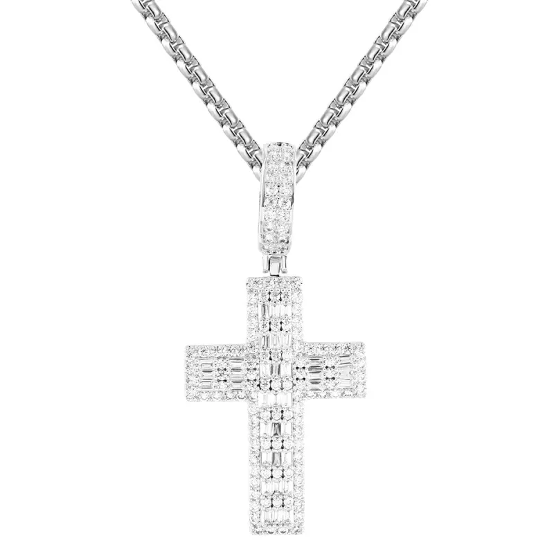 Bling Baguette Cluster Cross Holy Religious White Tone Pendant sold by Master Of Bling
