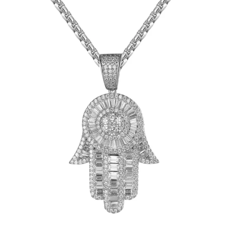 Baguette White Tone Hamsa Hand Bling Designer Charm Free Chain sold by Master Of Bling