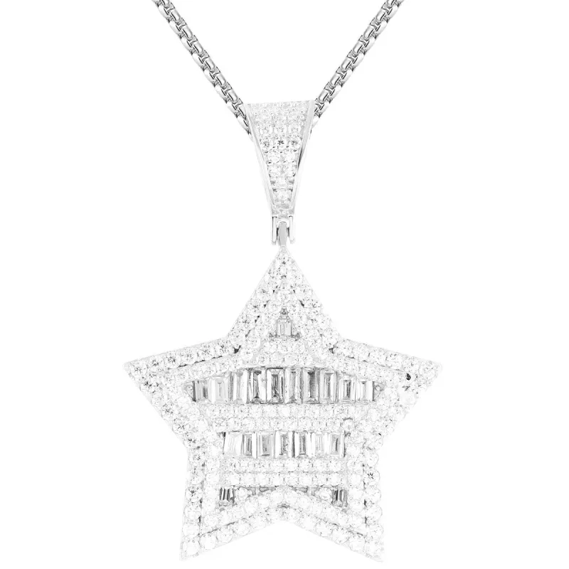 Sterling Silver 3D  Sides Baguette Rows Star Pendant sold by Master Of Bling