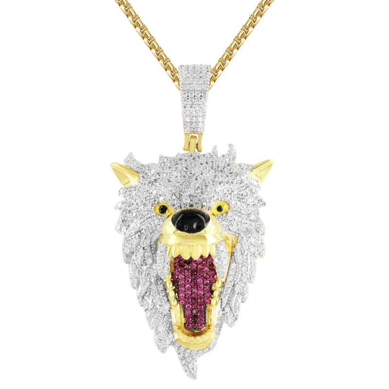 Men's Roaring Wolf Fierce Animal  Silver Pendant Chain sold by Master Of Bling