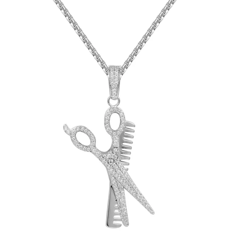 Men's  Barber Scissor Comb Pendant 24" Necklace sold by Master Of Bling