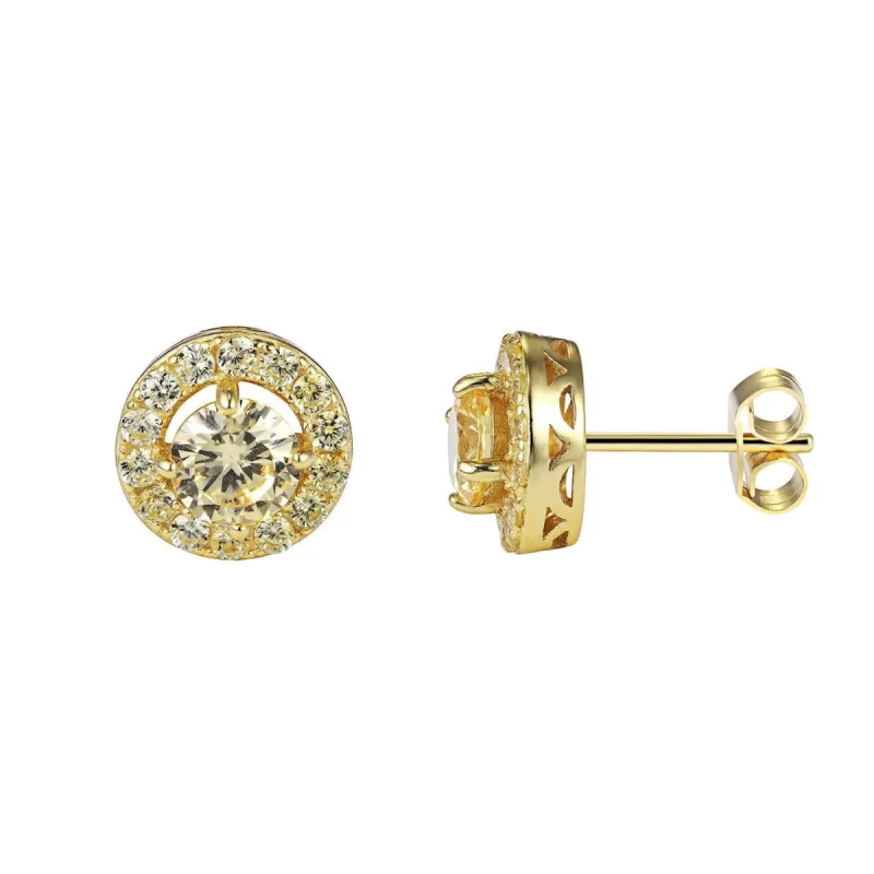 Cluster Yellow Solitaire Prong Style Bling  14k Gold Finish Canary Stud Earrings sold by Master Of Bling