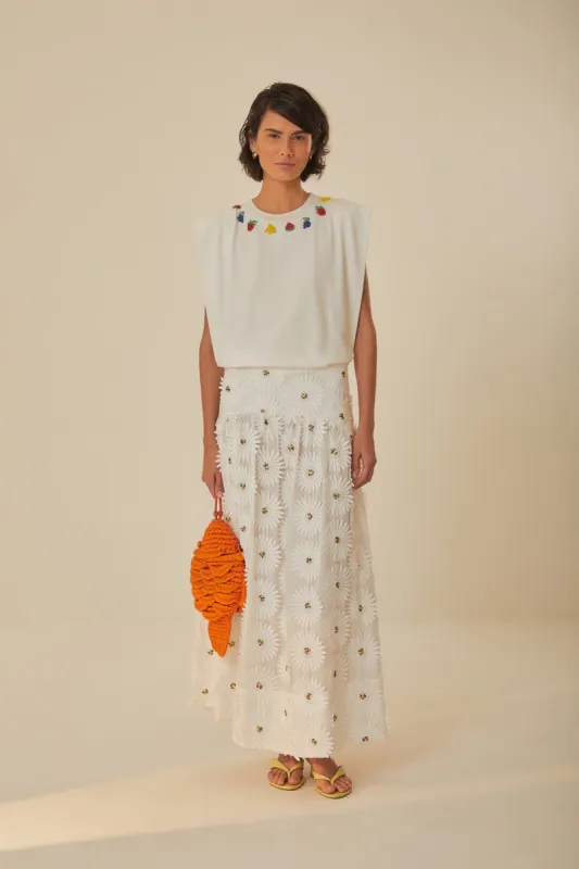 White Daisy 3D Flower Embroidered Maxi Skirt sold by FARM Rio