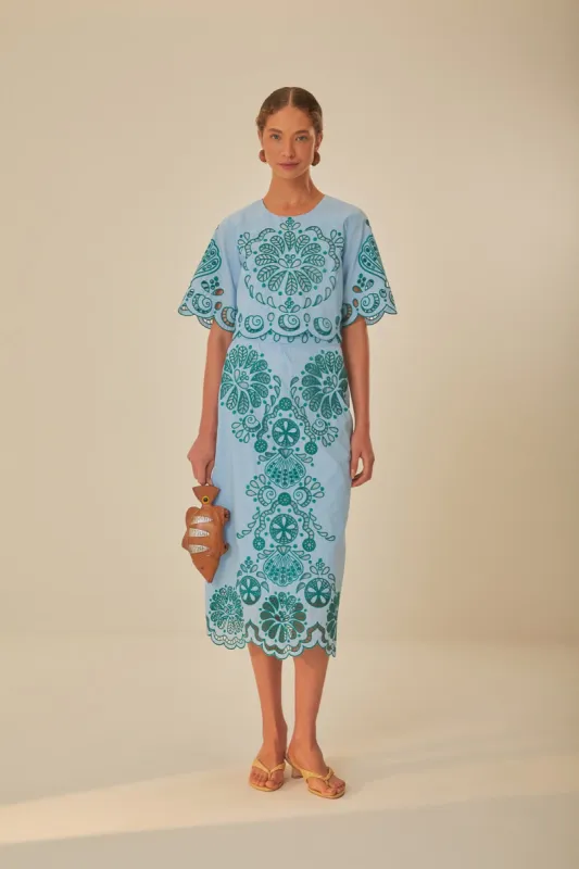 Light Blue And Green Graphic Richelieu Midi Skirt sold by FARM Rio