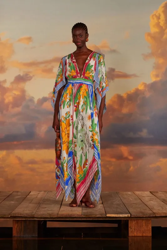Off-White Tropical Destination Kimono Sleeve Midi Dress sold by FARM Rio